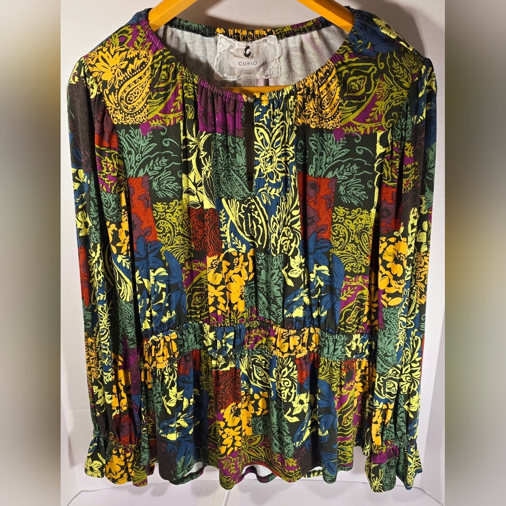 NWT Cupio Multicolor Floral Long Sleeve Keyhole Blouse size Large